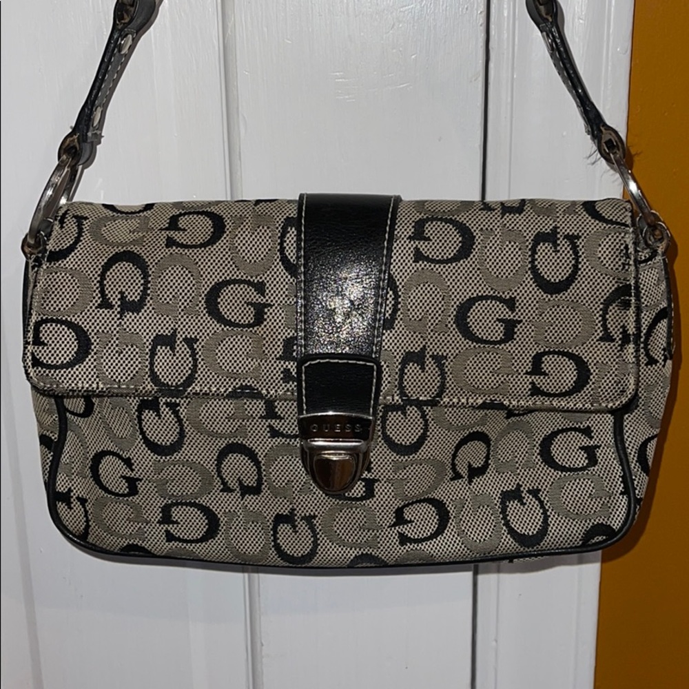 Guess black and grey monogram print shoulder bag